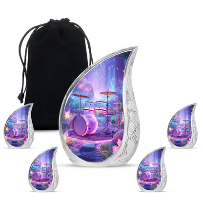 Celestial Blue Drums Cremation Urn side profile showing urn shape - flowing teardrop drums silhouette on curved aluminum - memorial set with one large and four small urns