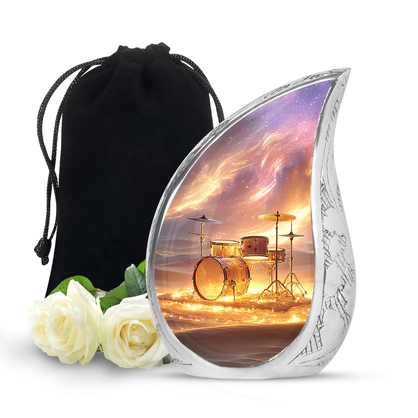 Wine Red Drums Cremation Urn front view showing detailed design - rounded teardrop drums design with delicate detail - full-size 10 inch 200 cubic inch adult cremation urn