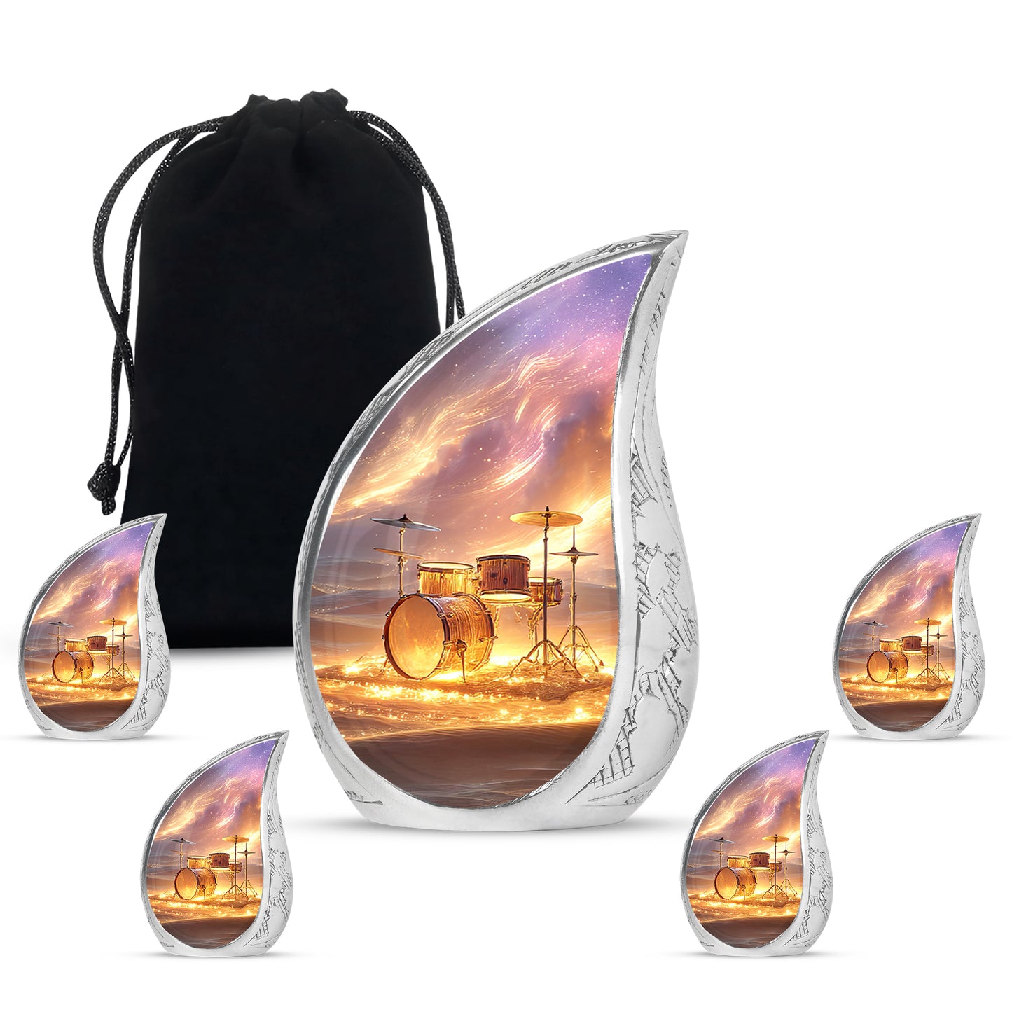 Wine Red Drums Cremation Urn side profile showing urn shape - flowing teardrop drums silhouette on curved aluminum - memorial set with one large and four small urns