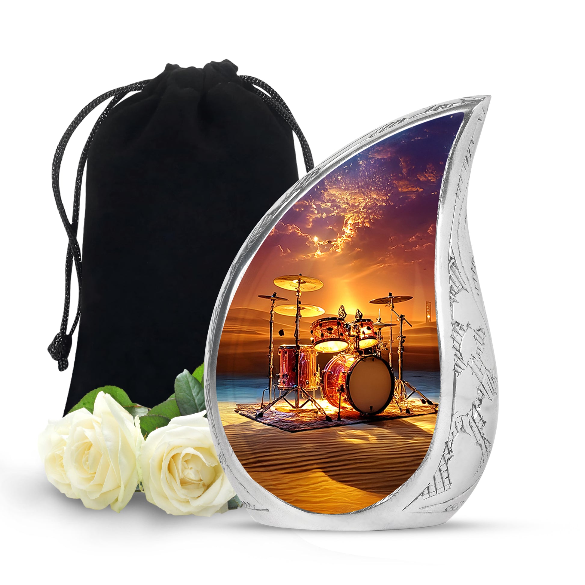 Dusty Pink Drums Cremation Urn front view showing detailed design - smooth teardrop contour featuring drums art - full-size 10 inch 200 cubic inch adult cremation urn