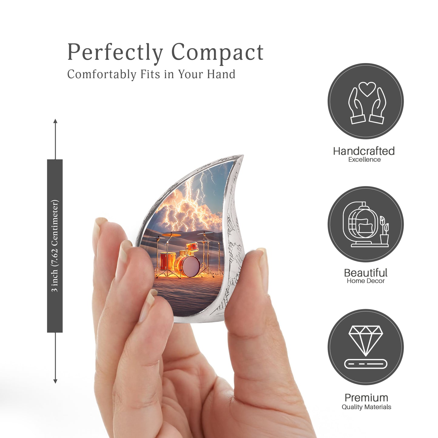 Ash Gray Drums Cremation Urn angled view of lid and engraved motif - smooth teardrop contour featuring drums art - mini keepsake memorial for portion of cremation ashes