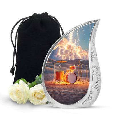 Ash Gray Drums Cremation Urn front view showing detailed design - smooth teardrop contour featuring drums art - full-size 10 inch 200 cubic inch adult cremation urn