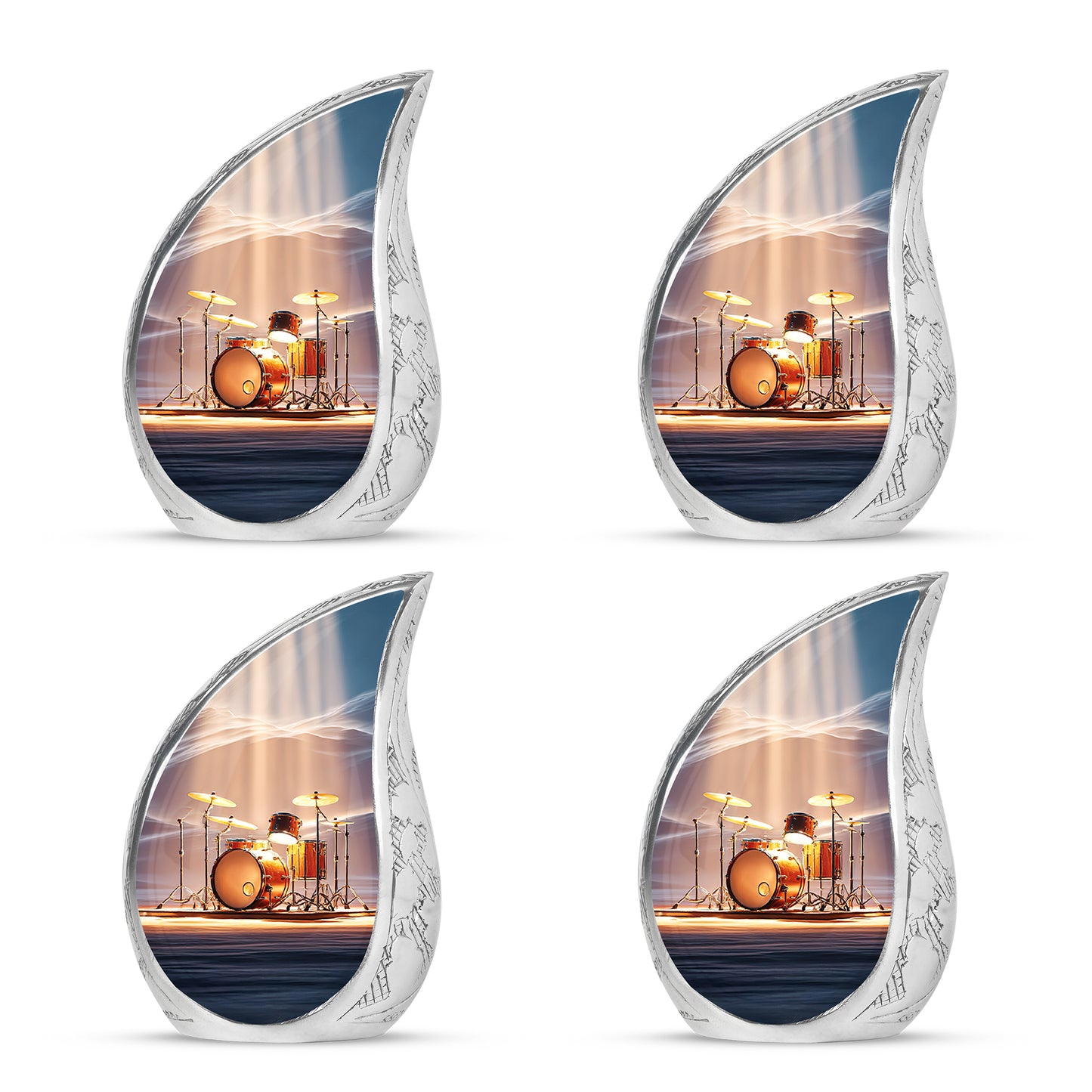 Steel Blue Drums Cremation Urn close-up of engraving and surface detail - smooth teardrop contour featuring drums art - 10 inch aluminum urn for cremated remains