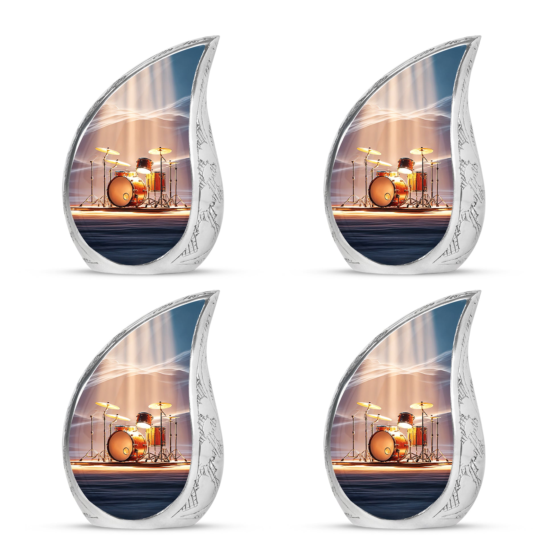 Steel Blue Drums Cremation Urn close-up of engraving and surface detail - smooth teardrop contour featuring drums art - 10 inch aluminum urn for cremated remains