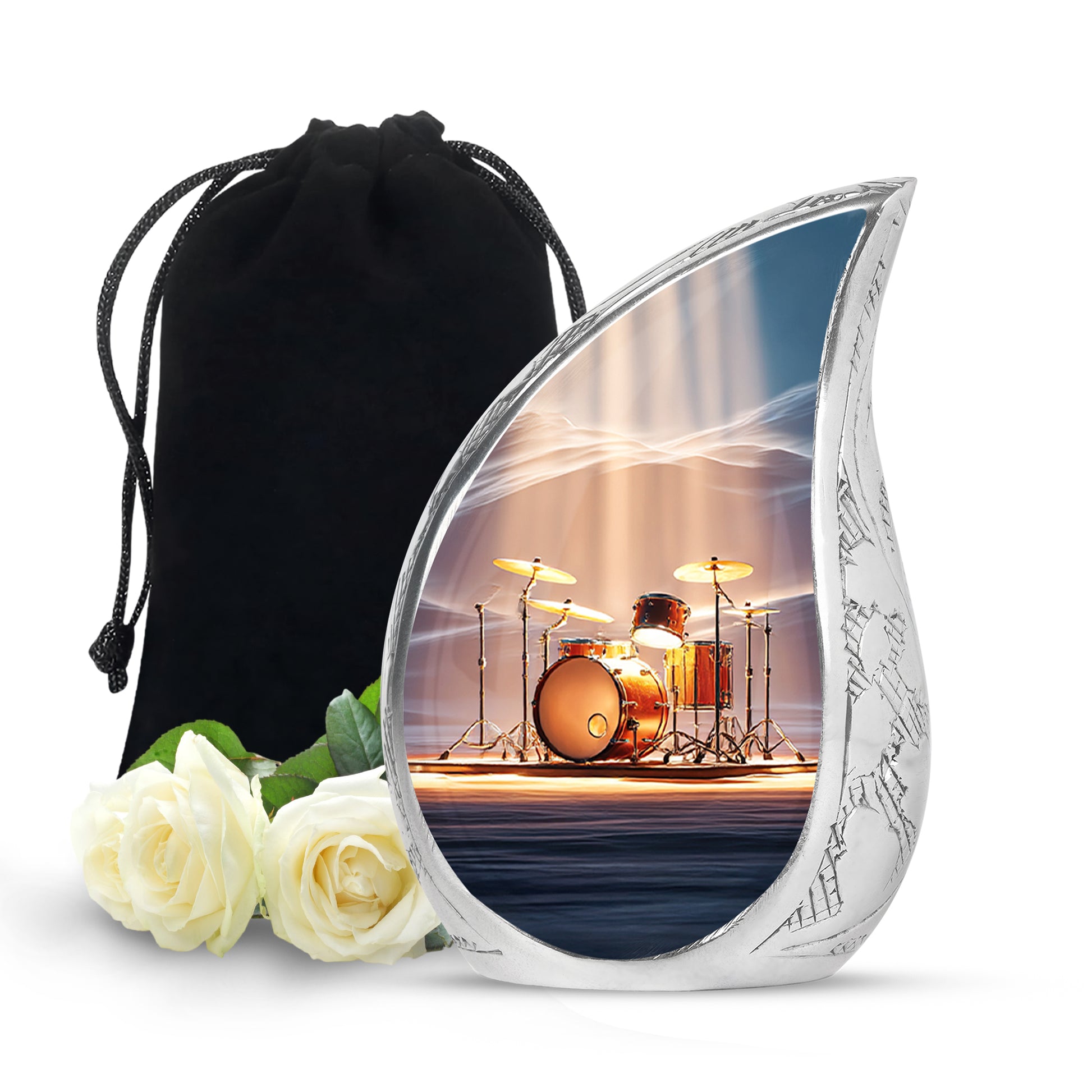 Serene Blue Drums Cremation Urn front view showing detailed design - graceful tear-shaped urn with drums motif - full-size 10 inch 200 cubic inch adult cremation urn