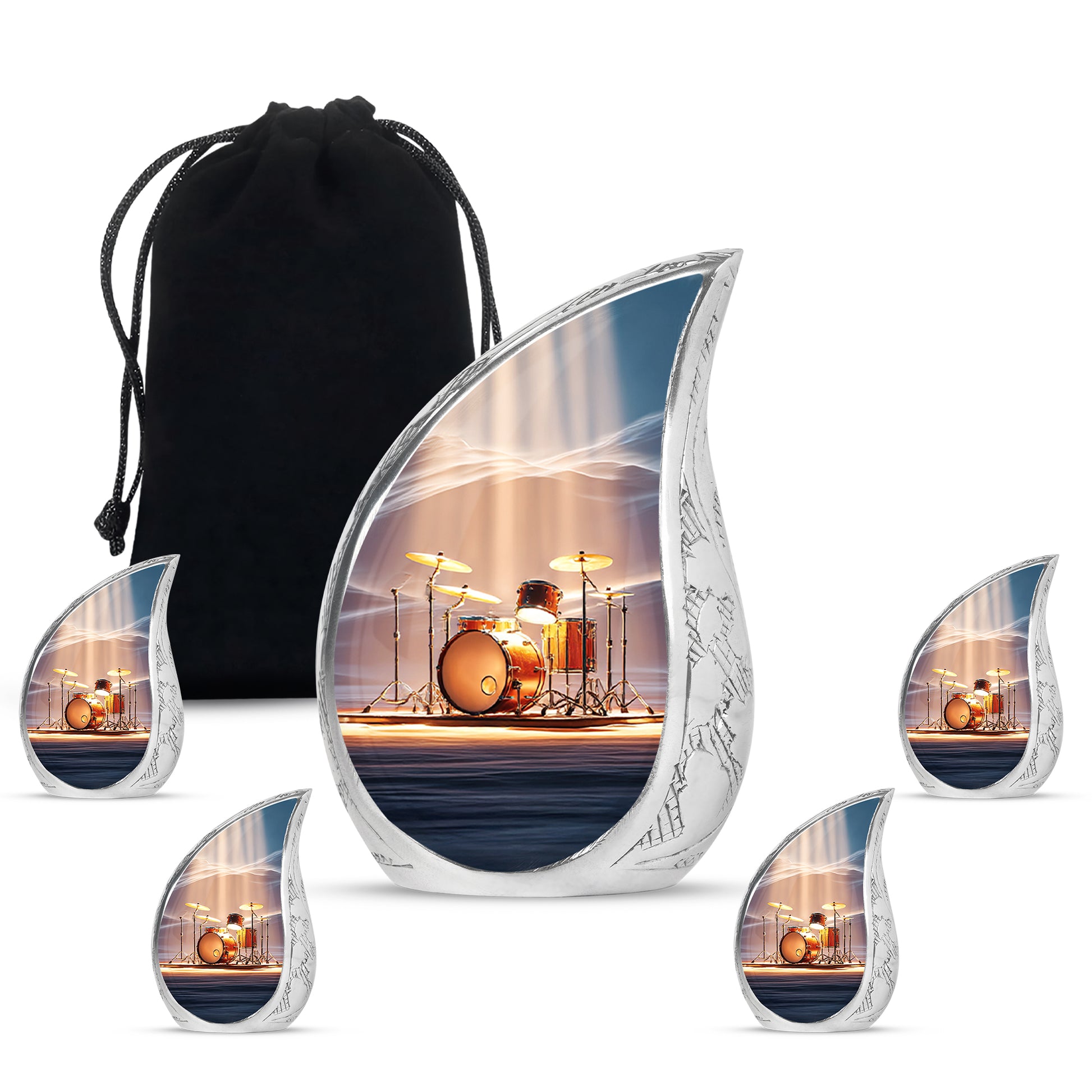 Celestial Blue Drums Cremation Urn side profile showing urn shape - flowing teardrop drums silhouette on curved aluminum - memorial set with one large and four small urns