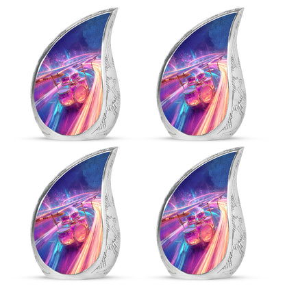 Soft Blue Drums Cremation Urn close-up of engraving and surface detail - smooth teardrop contour featuring drums art - 10 inch aluminum urn for cremated remains