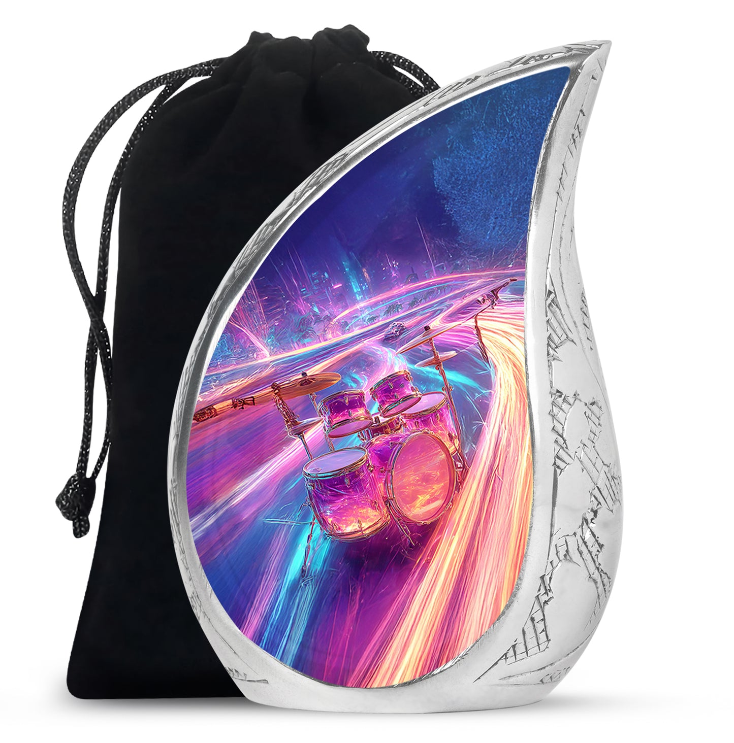 Cobalt Blue Drums Cremation Urn front view showing detailed design - smooth teardrop contour featuring drums art - full-size 10 inch 200 cubic inch adult cremation urn