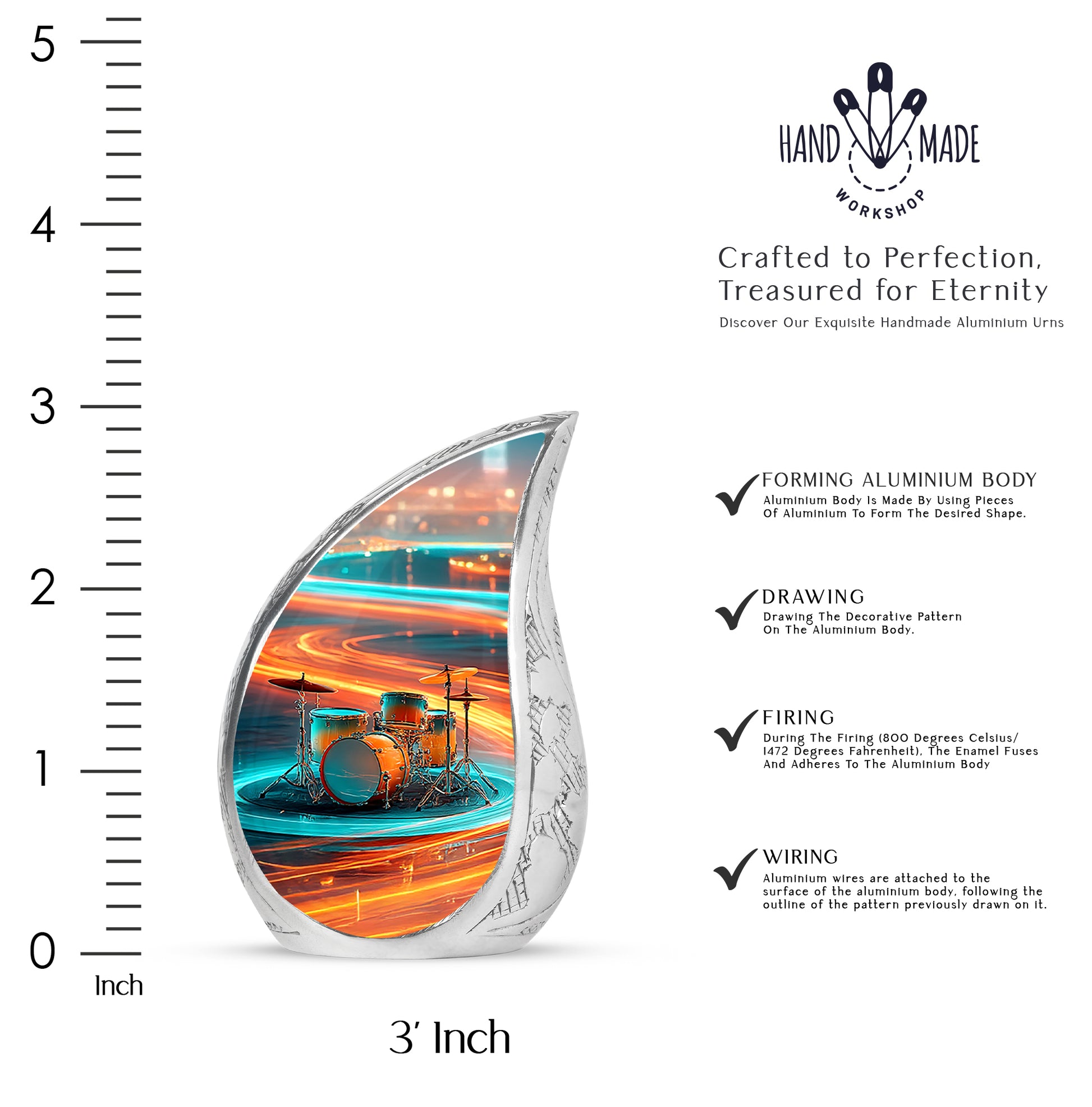 Steel Gray Drums Cremation Urn angled view of lid and engraved motif - smooth teardrop contour featuring drums art - mini keepsake memorial for portion of cremation ashes