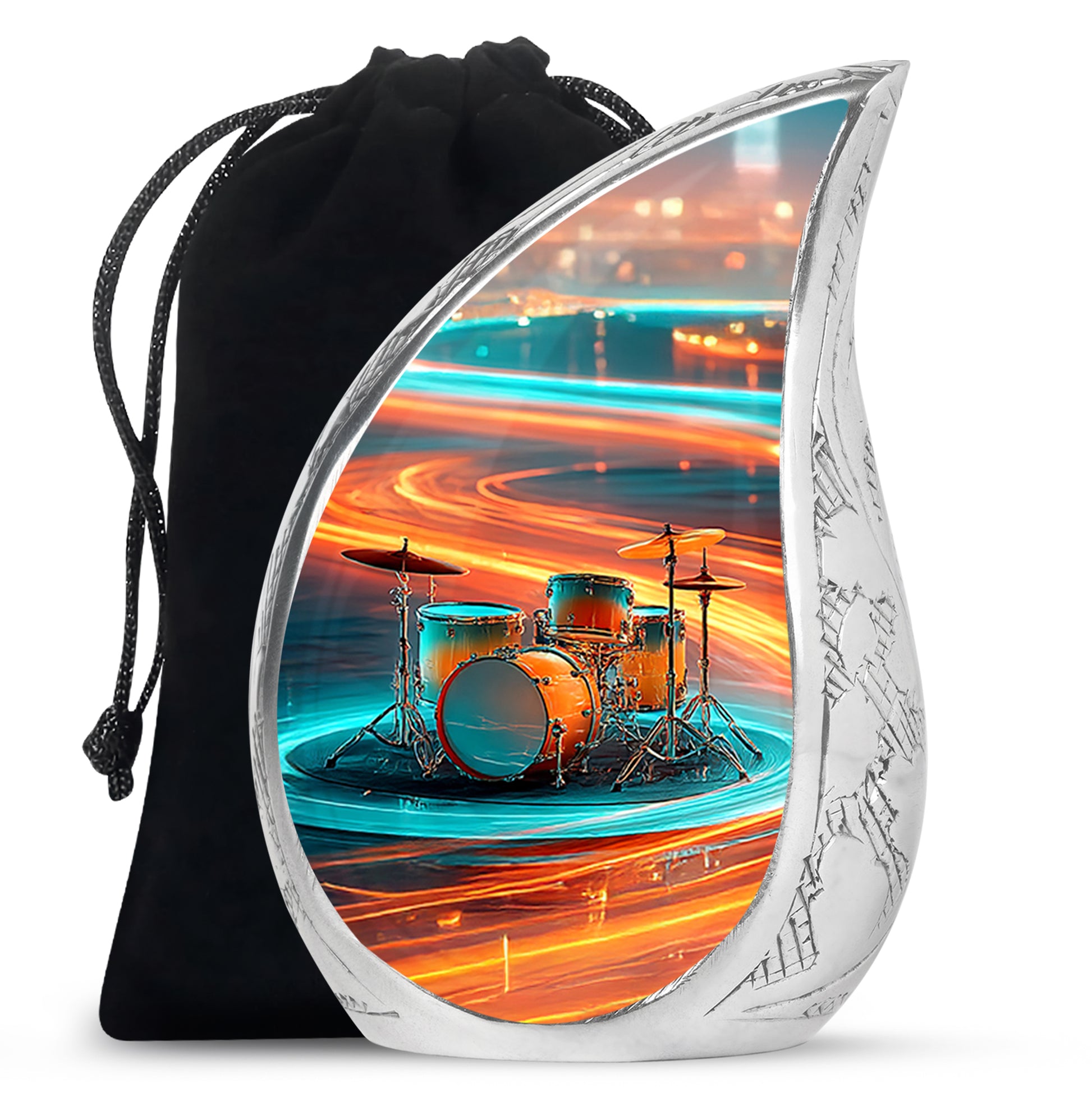 Dove Gray Drums Cremation Urn front view showing detailed design - flowing teardrop drums silhouette on curved aluminum - full-size 10 inch 200 cubic inch adult cremation urn