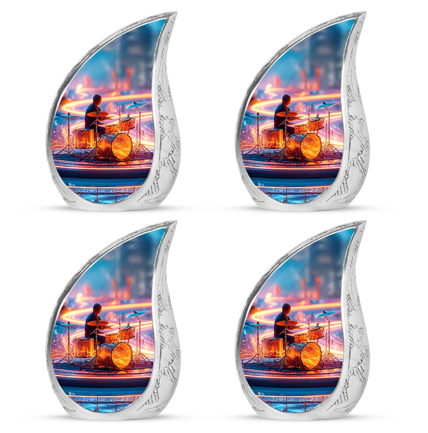 Twilight Blue Drums Cremation Urn close-up of engraving and surface detail - smooth teardrop contour featuring drums art - 10 inch aluminum urn for cremated remains