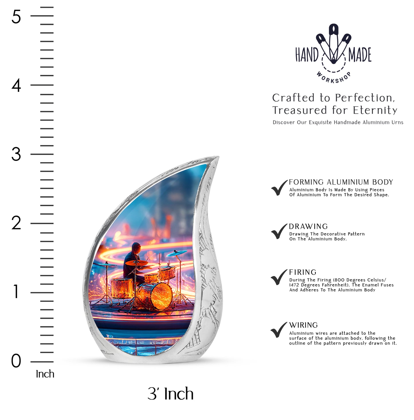 Cornflower Blue Drums Cremation Urn angled view of lid and engraved motif - graceful tear-shaped urn with drums motif - mini keepsake memorial for portion of cremation ashes