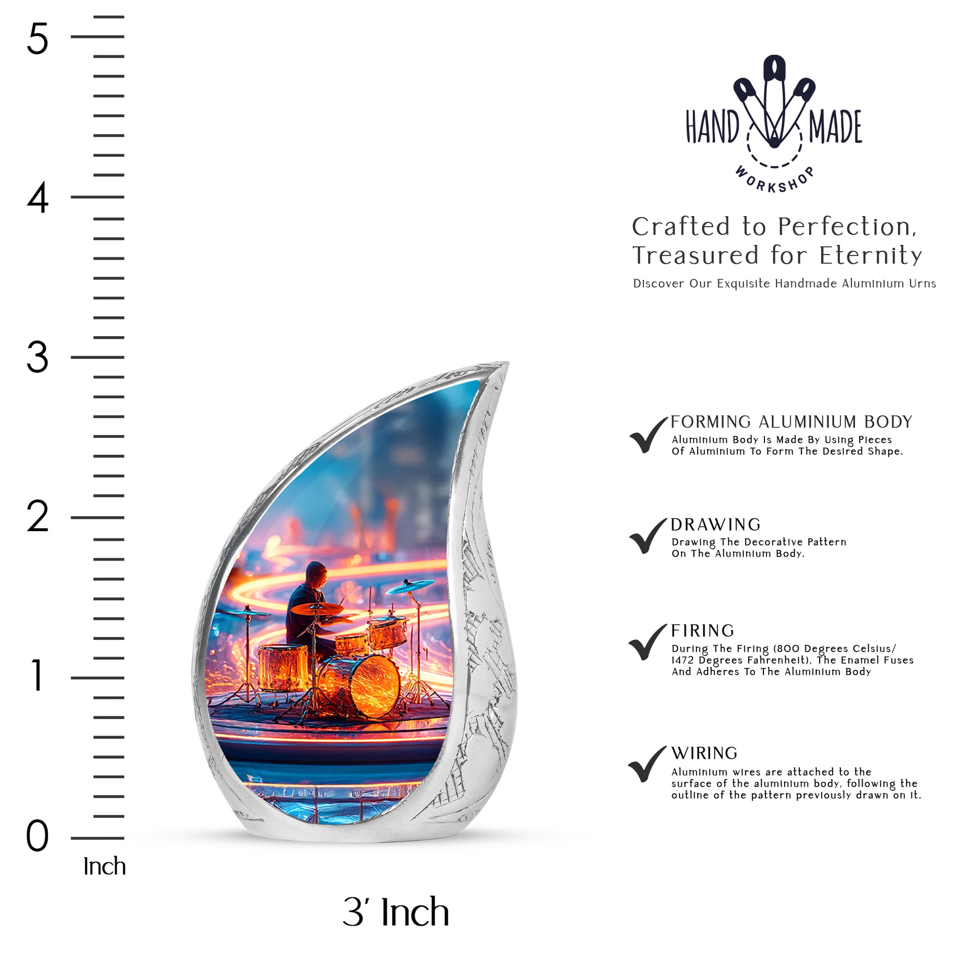 Cornflower Blue Drums Cremation Urn angled view of lid and engraved motif - graceful tear-shaped urn with drums motif - mini keepsake memorial for portion of cremation ashes