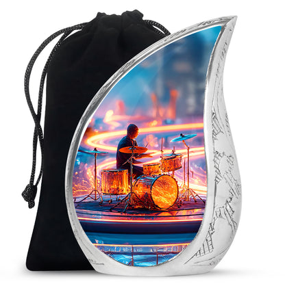 Misty Blue Drums Cremation Urn front view showing detailed design - rounded teardrop drums design with delicate detail - full-size 10 inch 200 cubic inch adult cremation urn