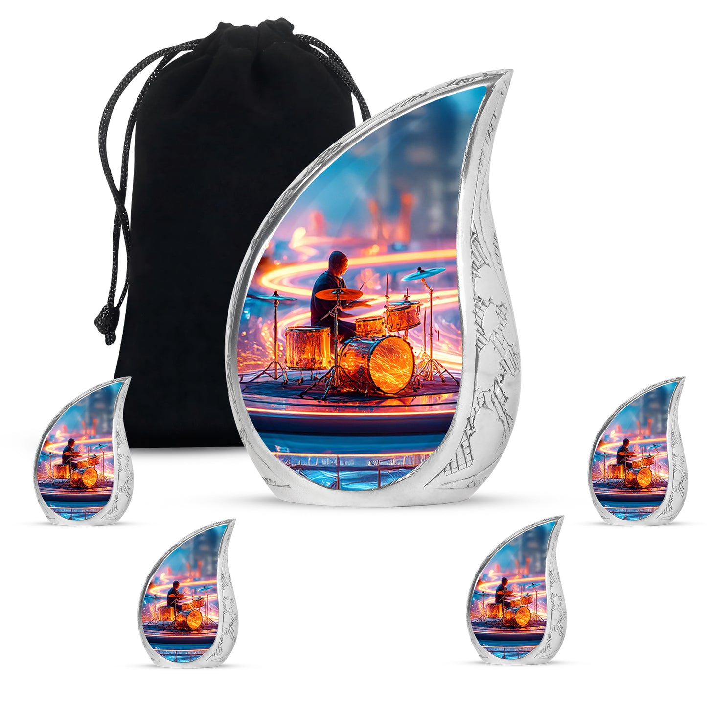 Twilight Blue Drums Cremation Urn side profile showing urn shape - graceful tear-shaped urn with drums motif - memorial set with one large and four small urns