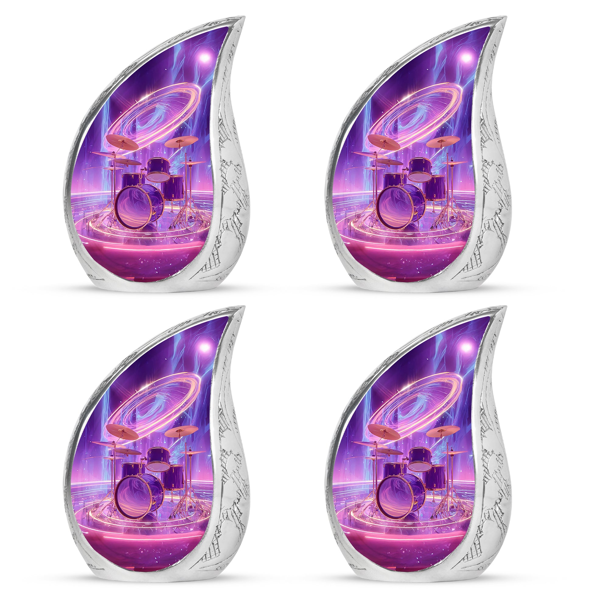 Orchid Purple Drums Cremation Urn close-up of engraving and surface detail - rounded teardrop drums design with delicate detail - 10 inch aluminum urn for cremated remains