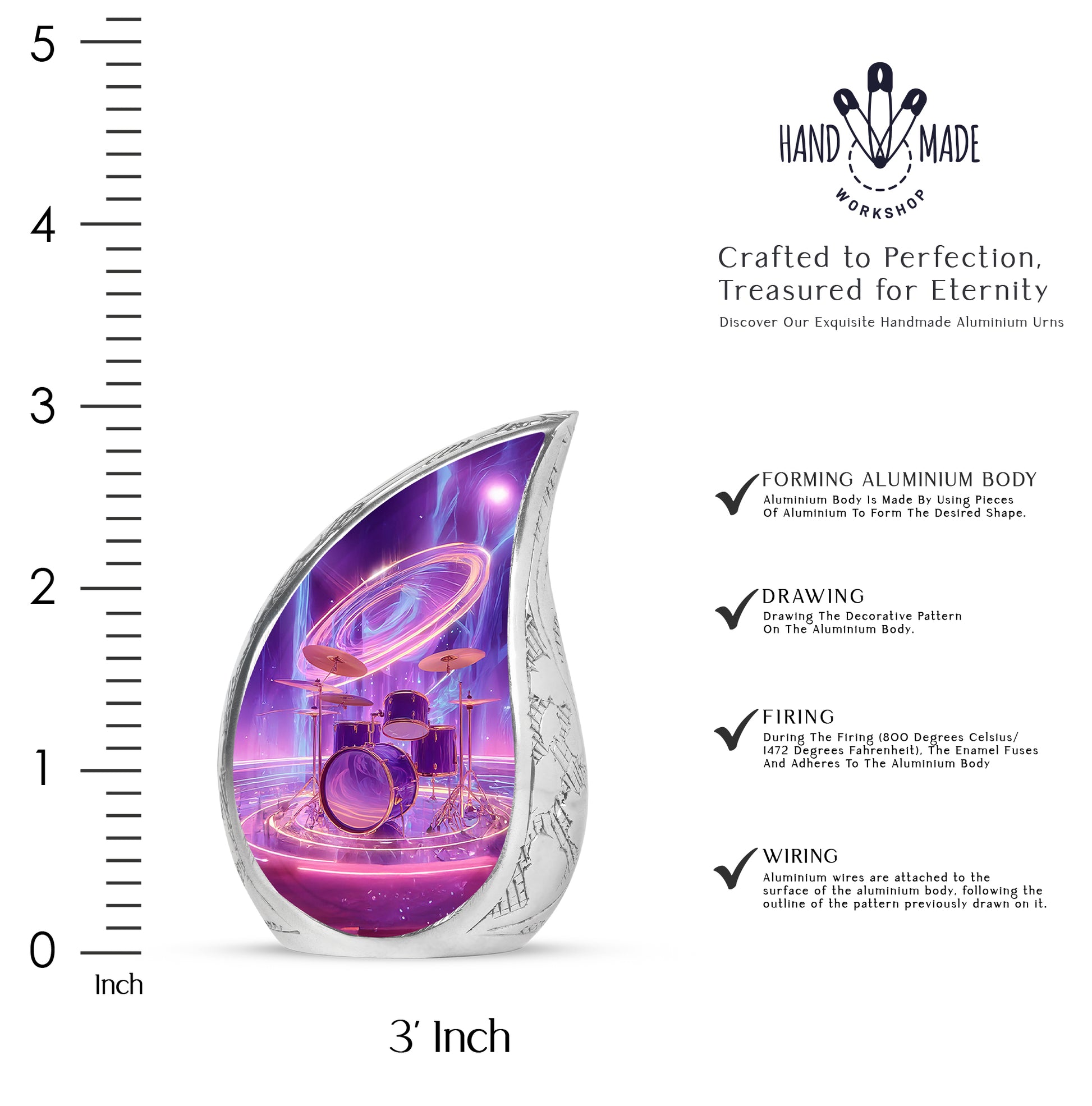 Violet Purple Drums Cremation Urn angled view of lid and engraved motif - graceful tear-shaped urn with drums motif - mini keepsake memorial for portion of cremation ashes