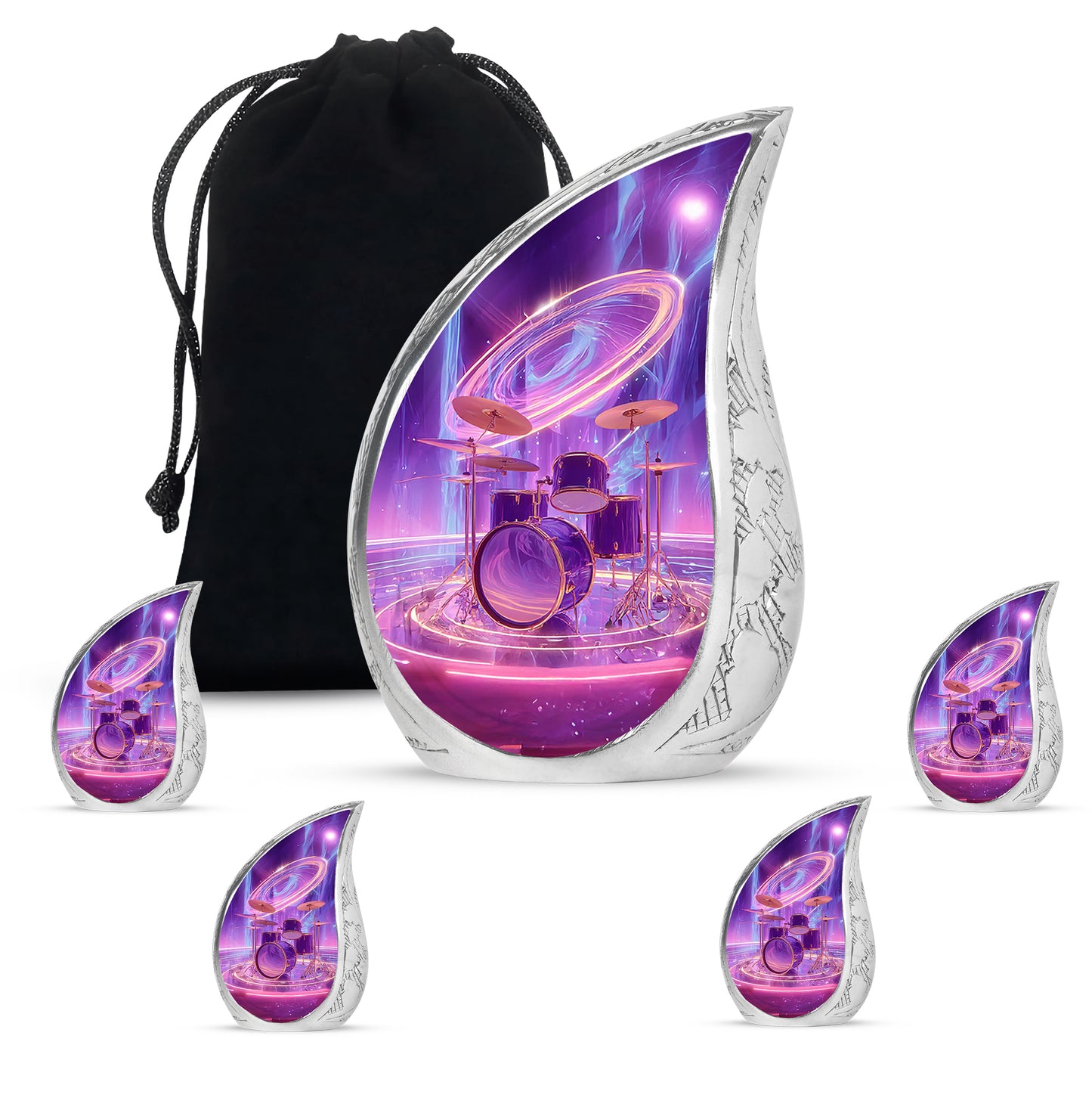 Orchid Purple Drums Cremation Urn side profile showing urn shape - rounded teardrop drums design with delicate detail - memorial set with one large and four small urns