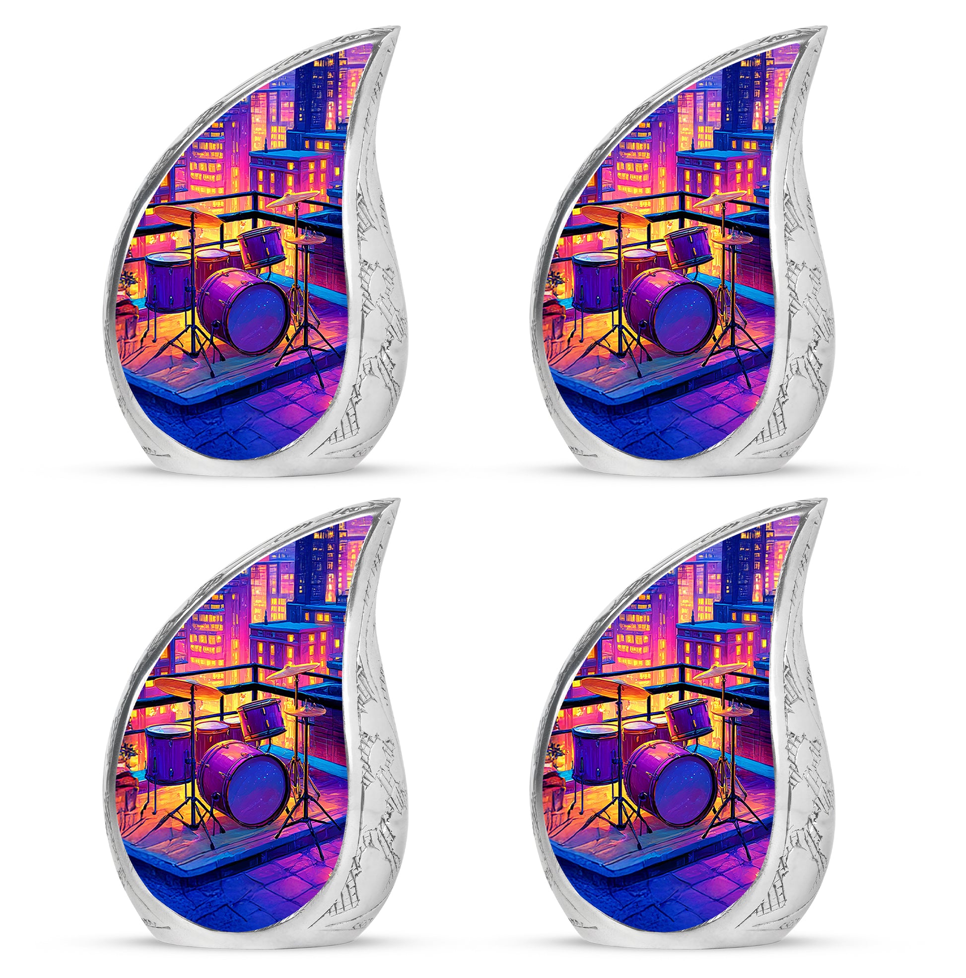 Lavender Purple Drums Cremation Urn close-up of engraving and surface detail - smooth teardrop contour featuring drums art - 10 inch aluminum urn for cremated remains