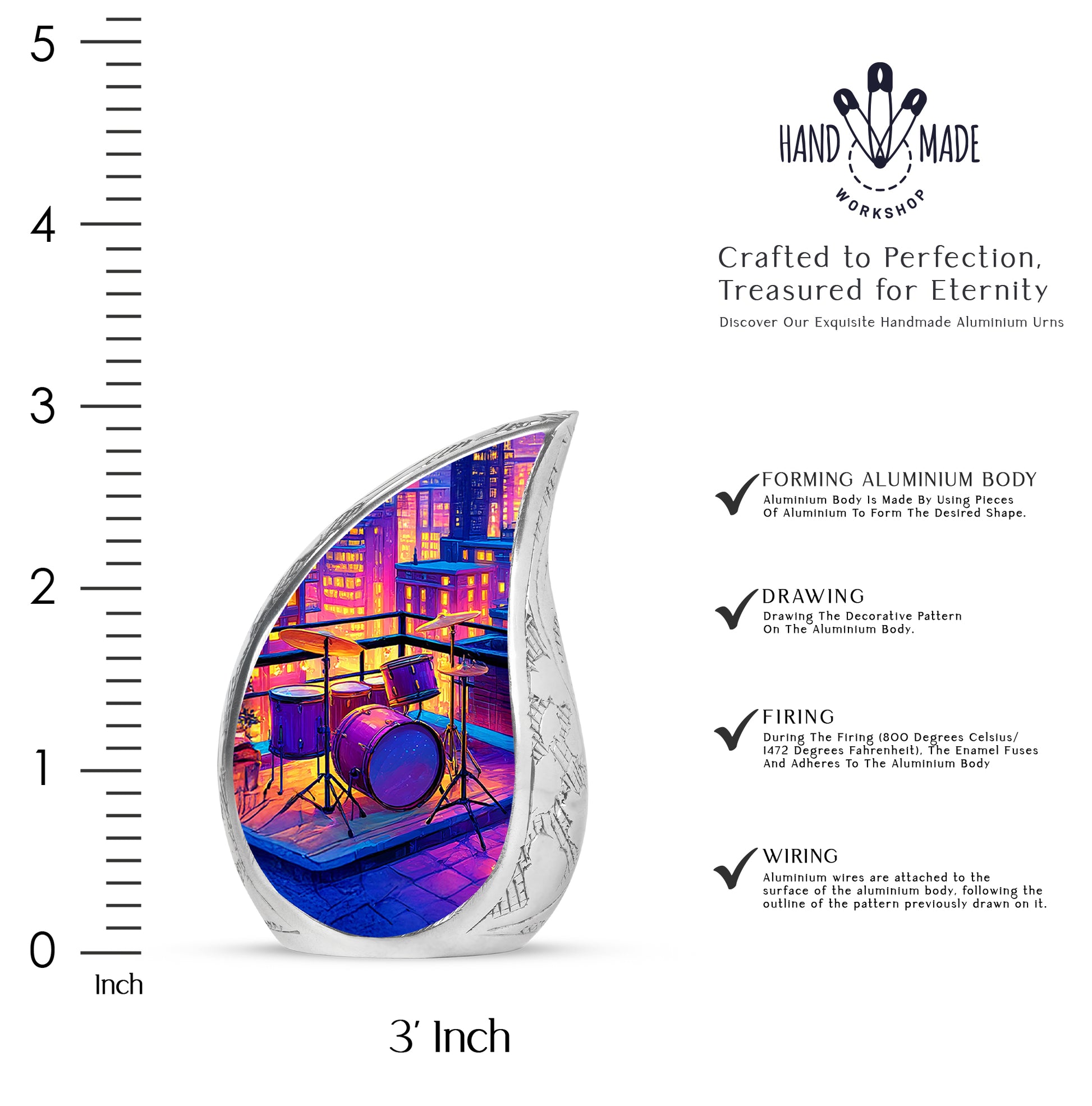 Royal Purple Drums Cremation Urn angled view of lid and engraved motif - smooth teardrop contour featuring drums art - mini keepsake memorial for portion of cremation ashes