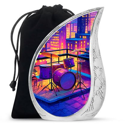 Royal Purple Drums Cremation Urn front view showing detailed design - smooth teardrop contour featuring drums art - full-size 10 inch 200 cubic inch adult cremation urn