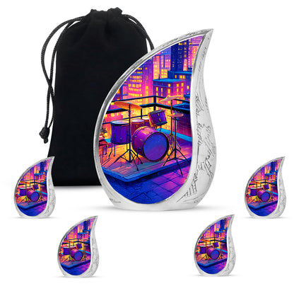 Majestic Purple Drums Cremation Urn side profile showing urn shape - flowing teardrop drums silhouette on curved aluminum - memorial set with one large and four small urns