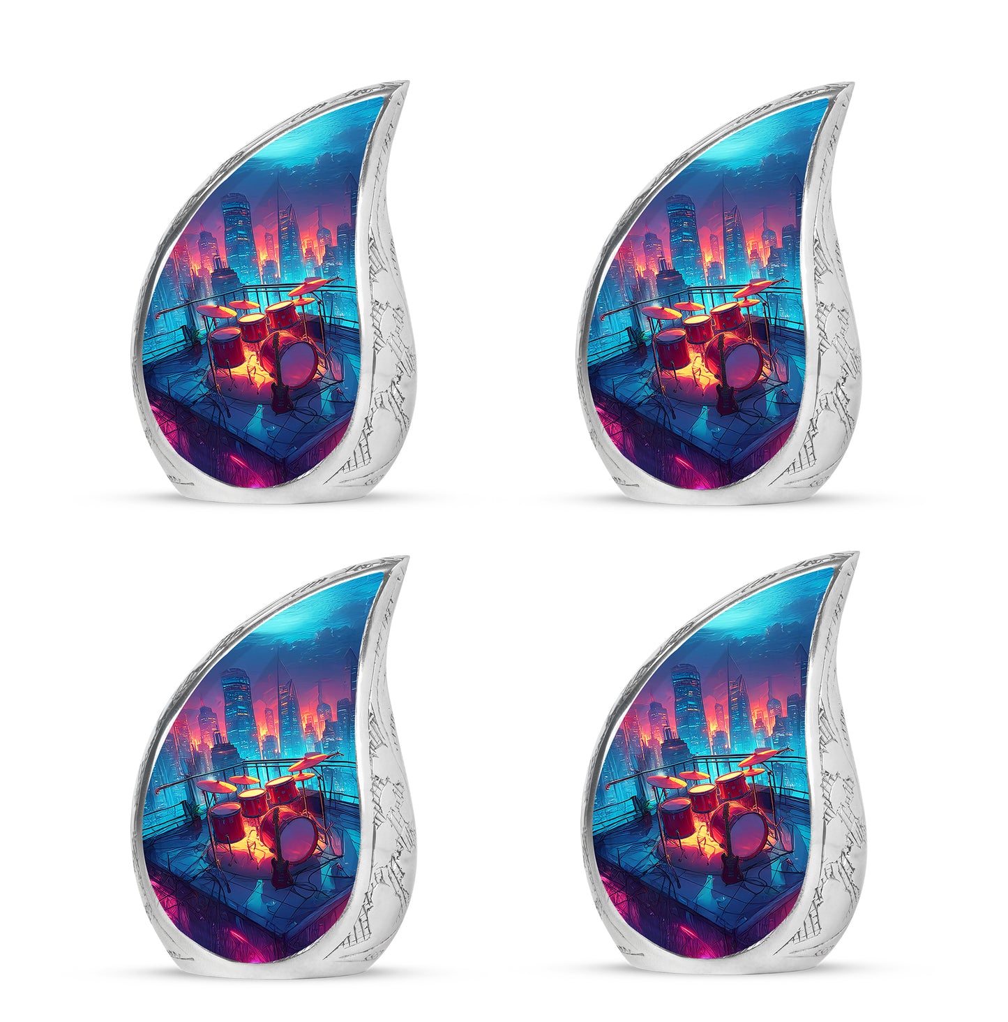 Calming Blue Drums Cremation Urn close-up of engraving and surface detail - smooth teardrop contour featuring drums art - 10 inch aluminum urn for cremated remains