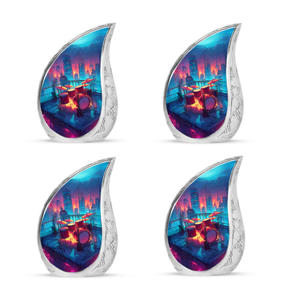 Calming Blue Drums Cremation Urn close-up of engraving and surface detail - smooth teardrop contour featuring drums art - 10 inch aluminum urn for cremated remains