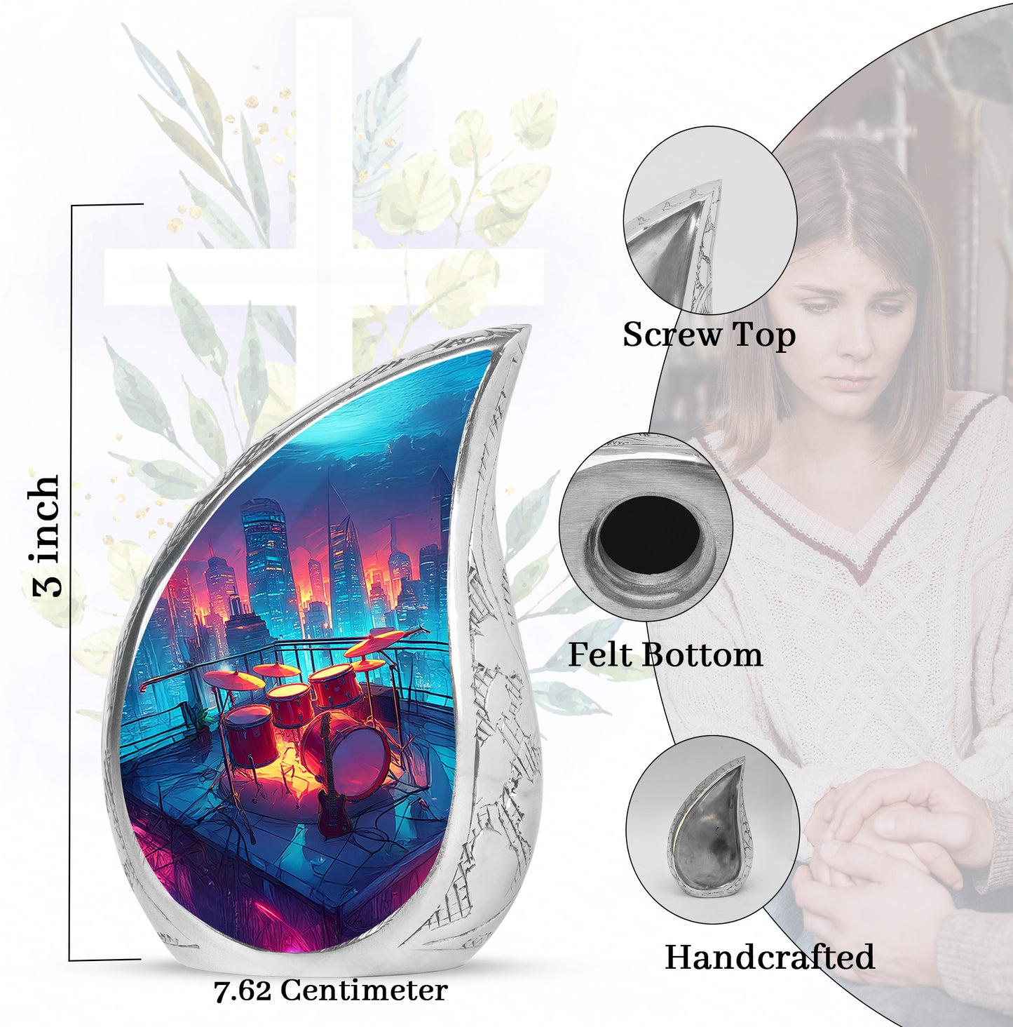 Pastel Blue Drums Cremation Urn angled view of lid and engraved motif - flowing teardrop drums silhouette on curved aluminum - mini keepsake memorial for portion of cremation ashes