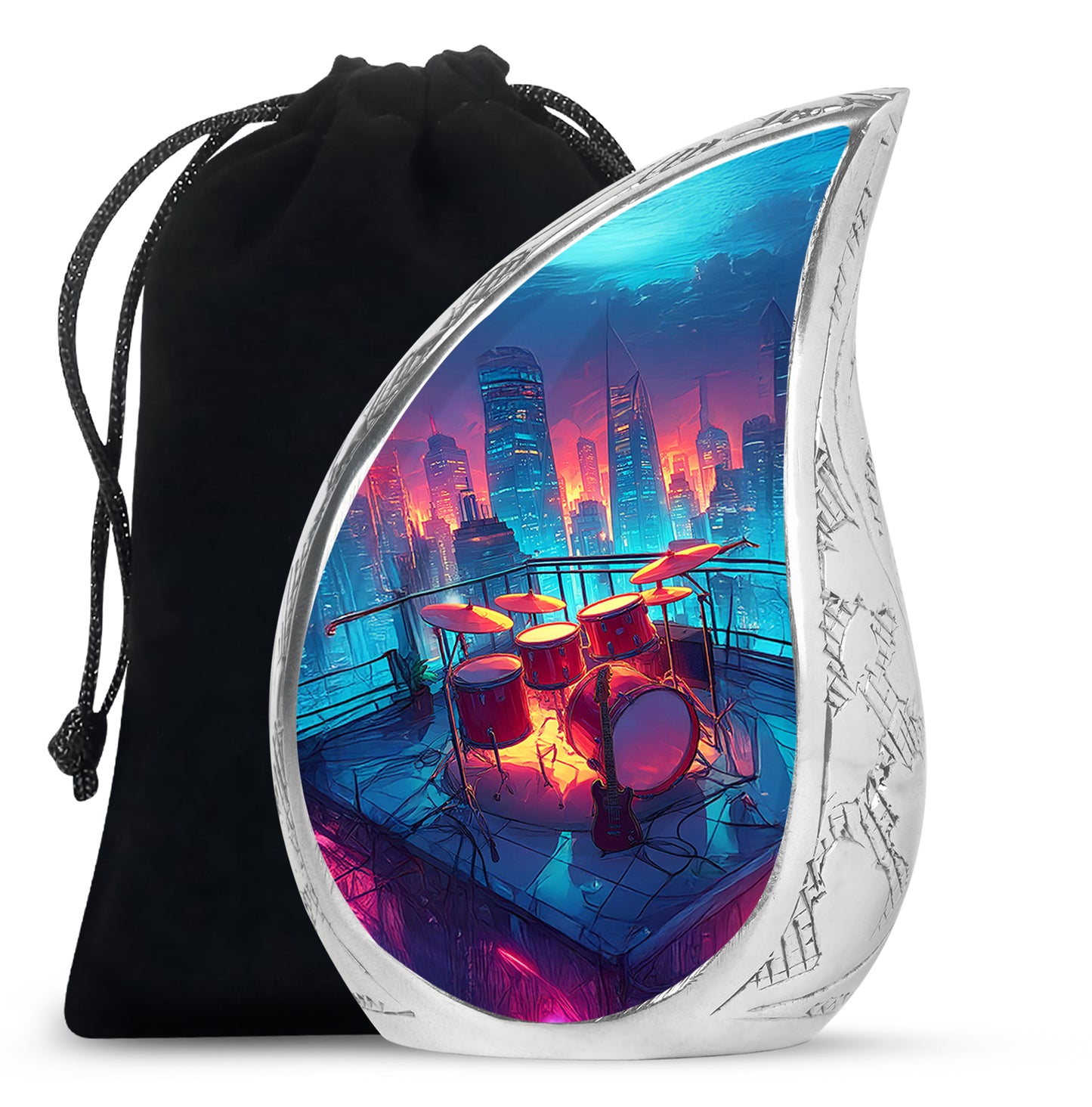 Pastel Blue Drums Cremation Urn front view showing detailed design - flowing teardrop drums silhouette on curved aluminum - full-size 10 inch 200 cubic inch adult cremation urn