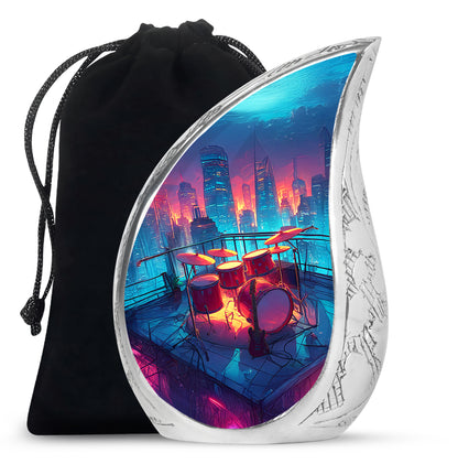 Pastel Blue Drums Cremation Urn front view showing detailed design - flowing teardrop drums silhouette on curved aluminum - full-size 10 inch 200 cubic inch adult cremation urn