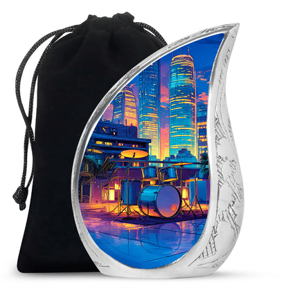 Sky Blue Drums Cremation Urn front view showing detailed design - rounded teardrop drums design with delicate detail - full-size 10 inch 200 cubic inch adult cremation urn