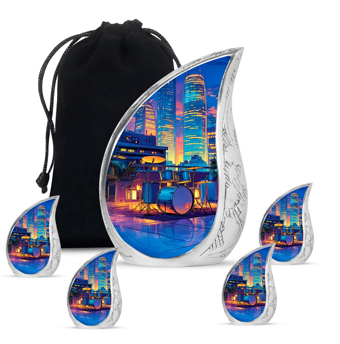 Icy Blue Drums Cremation Urn side profile showing urn shape - flowing teardrop drums silhouette on curved aluminum - memorial set with one large and four small urns