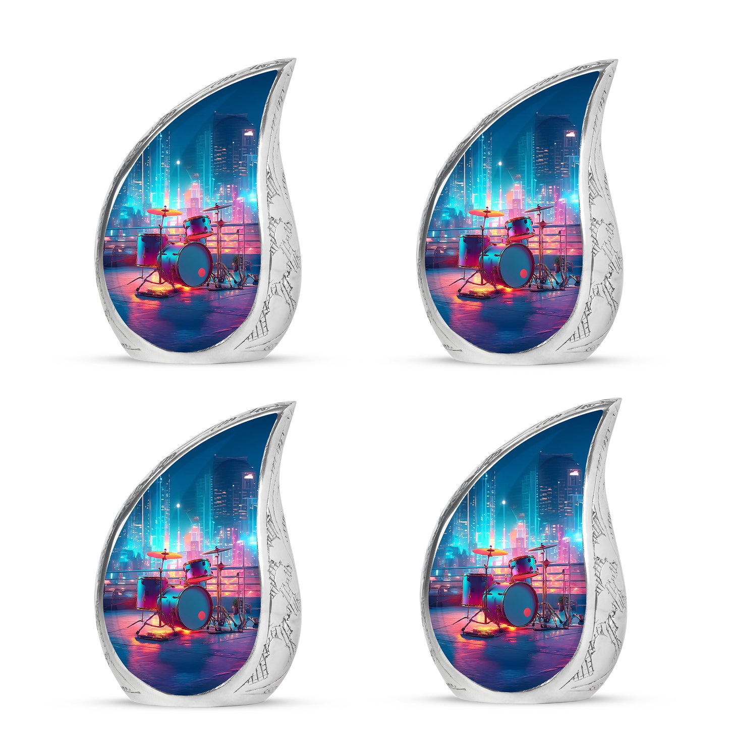 Soft Blue Drums Cremation Urn close-up of engraving and surface detail - smooth teardrop contour featuring drums art - 10 inch aluminum urn for cremated remains