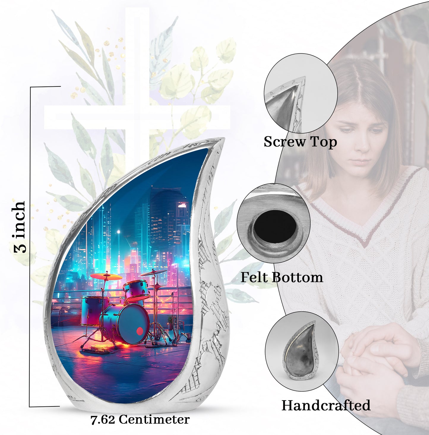 Steel Blue Drums Cremation Urn angled view of lid and engraved motif - smooth teardrop contour featuring drums art - mini keepsake memorial for portion of cremation ashes