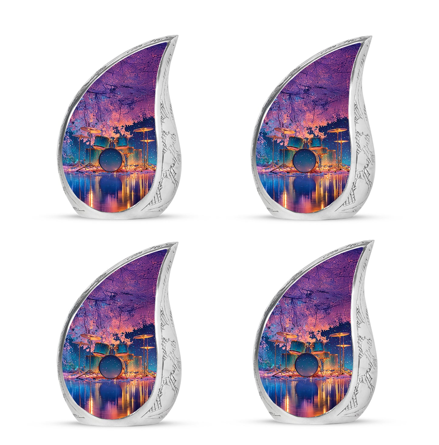Dusty Blue Drums Cremation Urn close-up of engraving and surface detail - flowing teardrop drums silhouette on curved aluminum - 10 inch aluminum urn for cremated remains