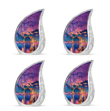 Dusty Blue Drums Cremation Urn close-up of engraving and surface detail - flowing teardrop drums silhouette on curved aluminum - 10 inch aluminum urn for cremated remains
