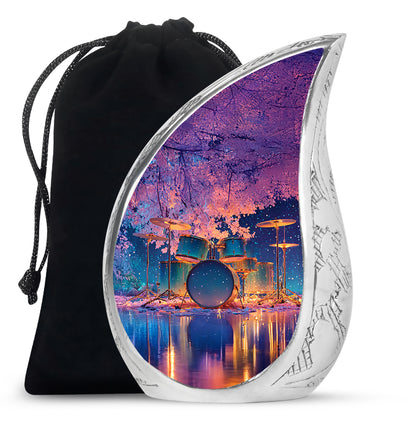 Cornflower Blue Drums Cremation Urn front view showing detailed design - graceful tear-shaped urn with drums motif - full-size 10 inch 200 cubic inch adult cremation urn