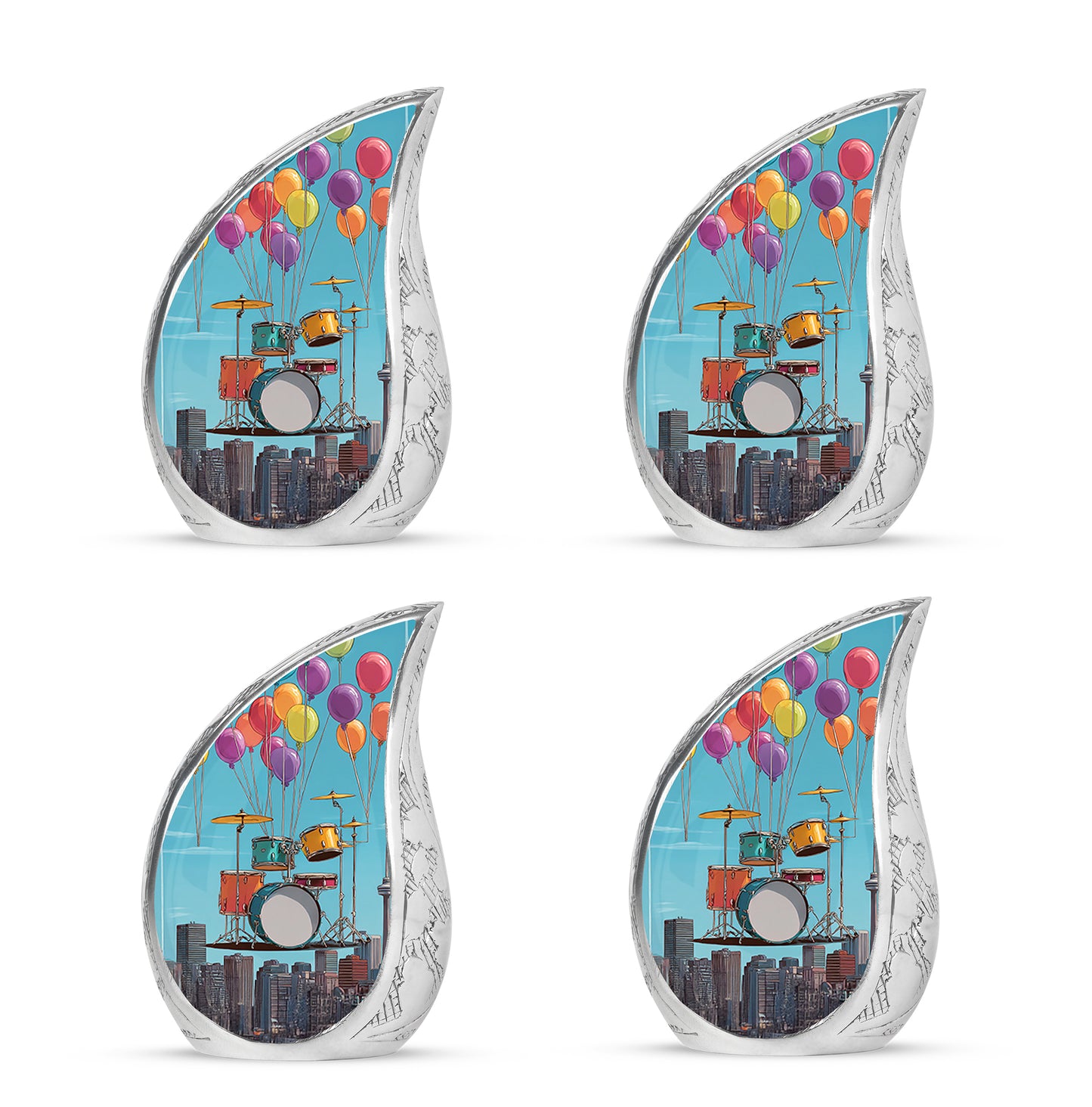 Steel Blue Drums Cremation Urn close-up of engraving and surface detail - smooth teardrop contour featuring drums art - 10 inch aluminum urn for cremated remains