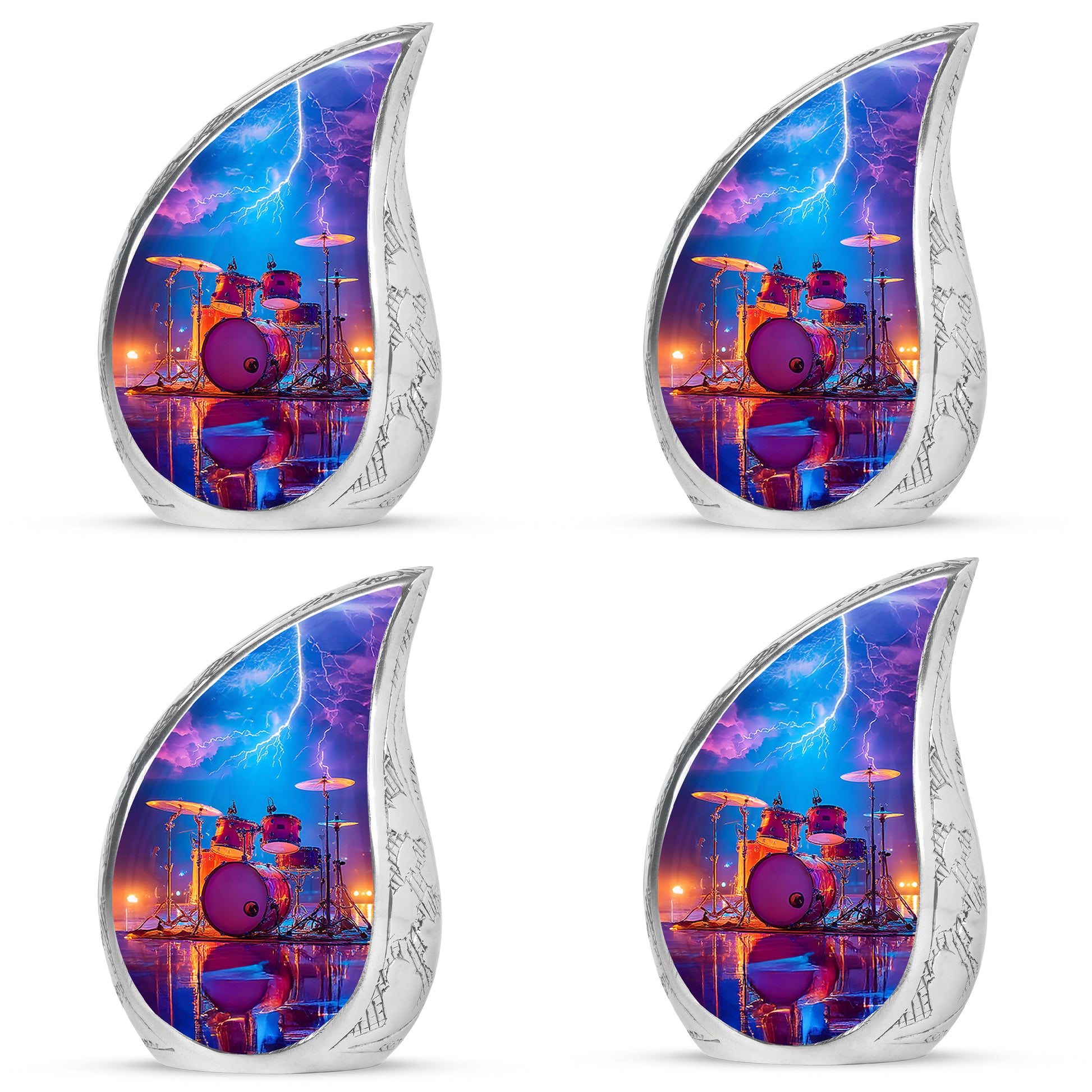 Calming Blue Drums Cremation Urn close-up of engraving and surface detail - smooth teardrop contour featuring drums art - 10 inch aluminum urn for cremated remains