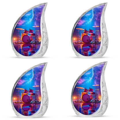 Calming Blue Drums Cremation Urn close-up of engraving and surface detail - smooth teardrop contour featuring drums art - 10 inch aluminum urn for cremated remains