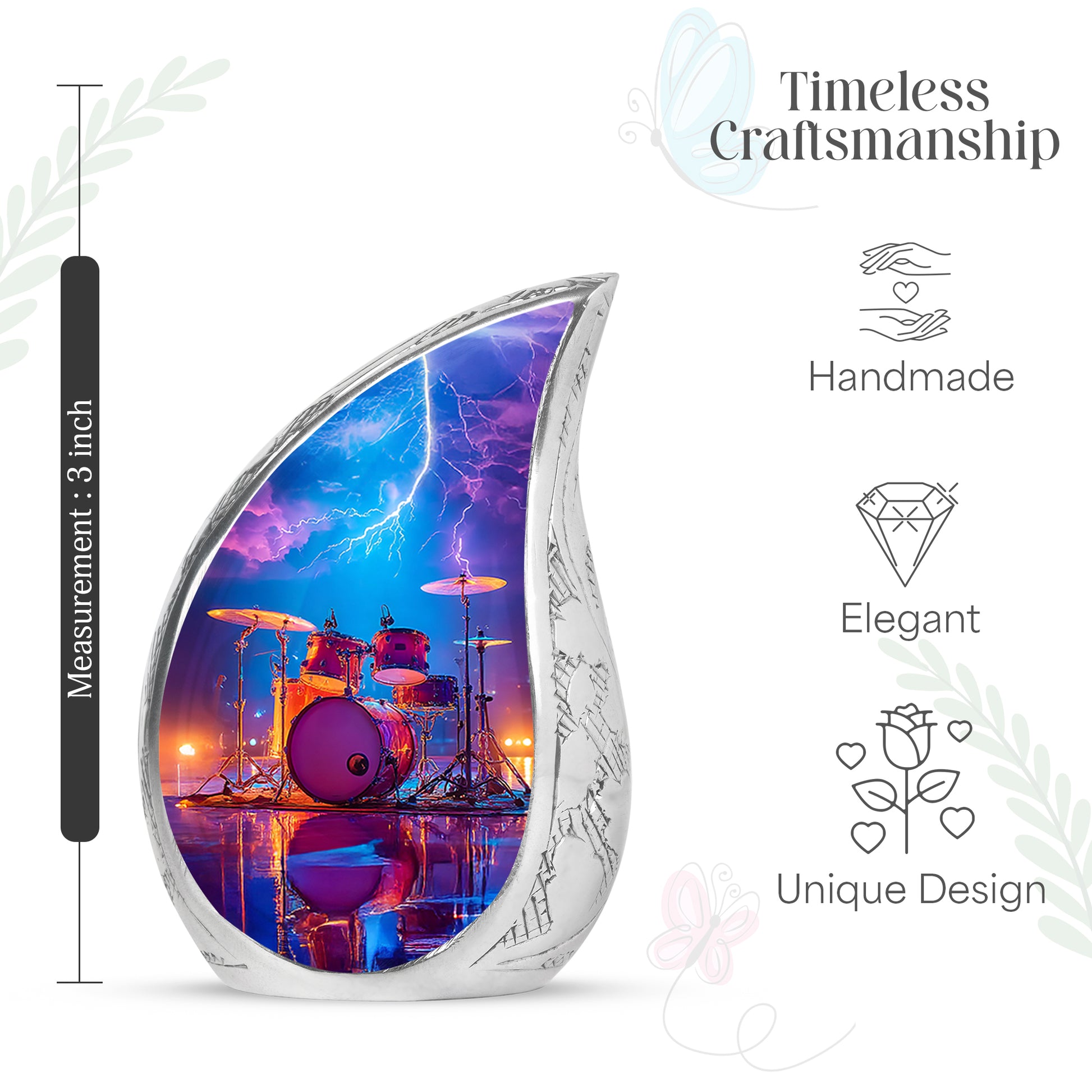 Dusty Blue Drums Cremation Urn angled view of lid and engraved motif - rounded teardrop drums design with delicate detail - mini keepsake memorial for portion of cremation ashes