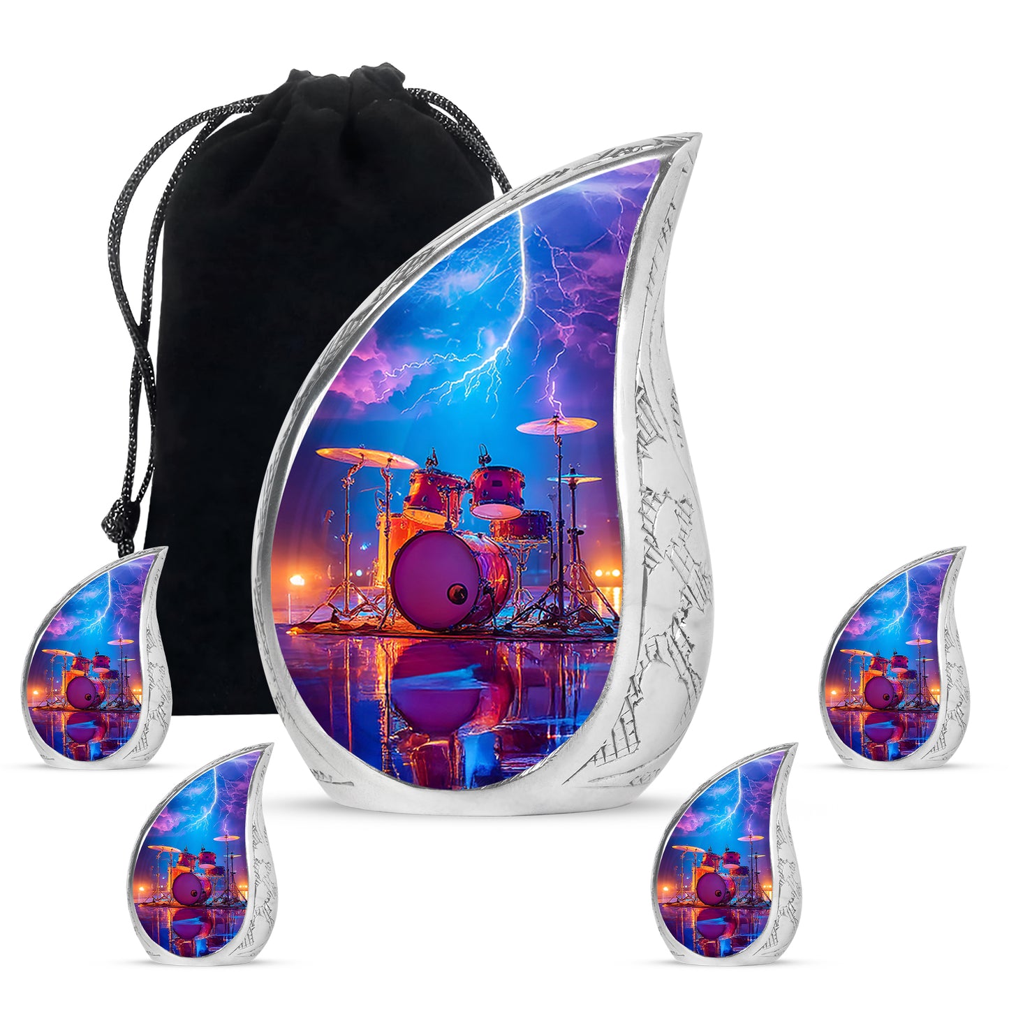 Serene Blue Drums Cremation Urn side profile showing urn shape - smooth teardrop contour featuring drums art - memorial set with one large and four small urns