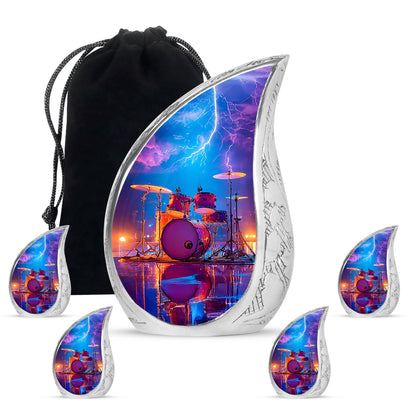 Serene Blue Drums Cremation Urn side profile showing urn shape - smooth teardrop contour featuring drums art - memorial set with one large and four small urns