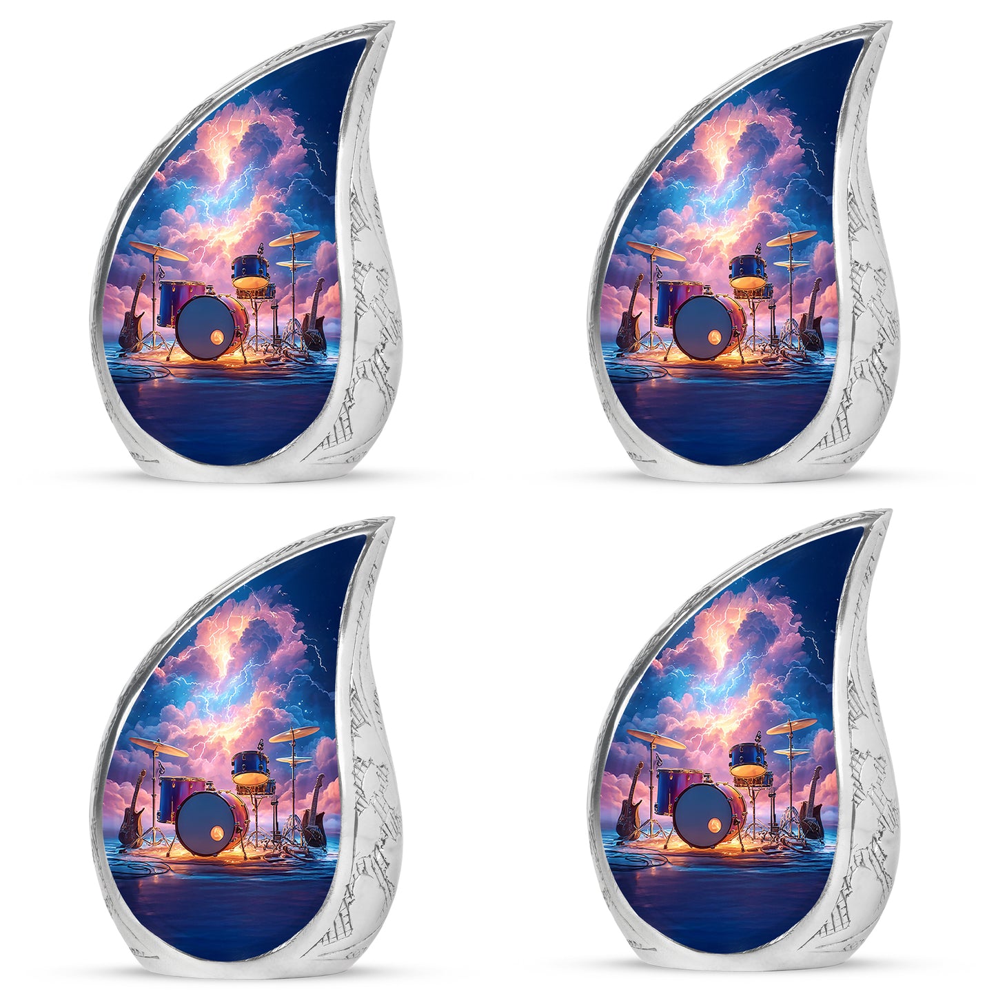 Vivid Blue Drums Cremation Urn close-up of engraving and surface detail - graceful tear-shaped urn with drums motif - 10 inch aluminum urn for cremated remains