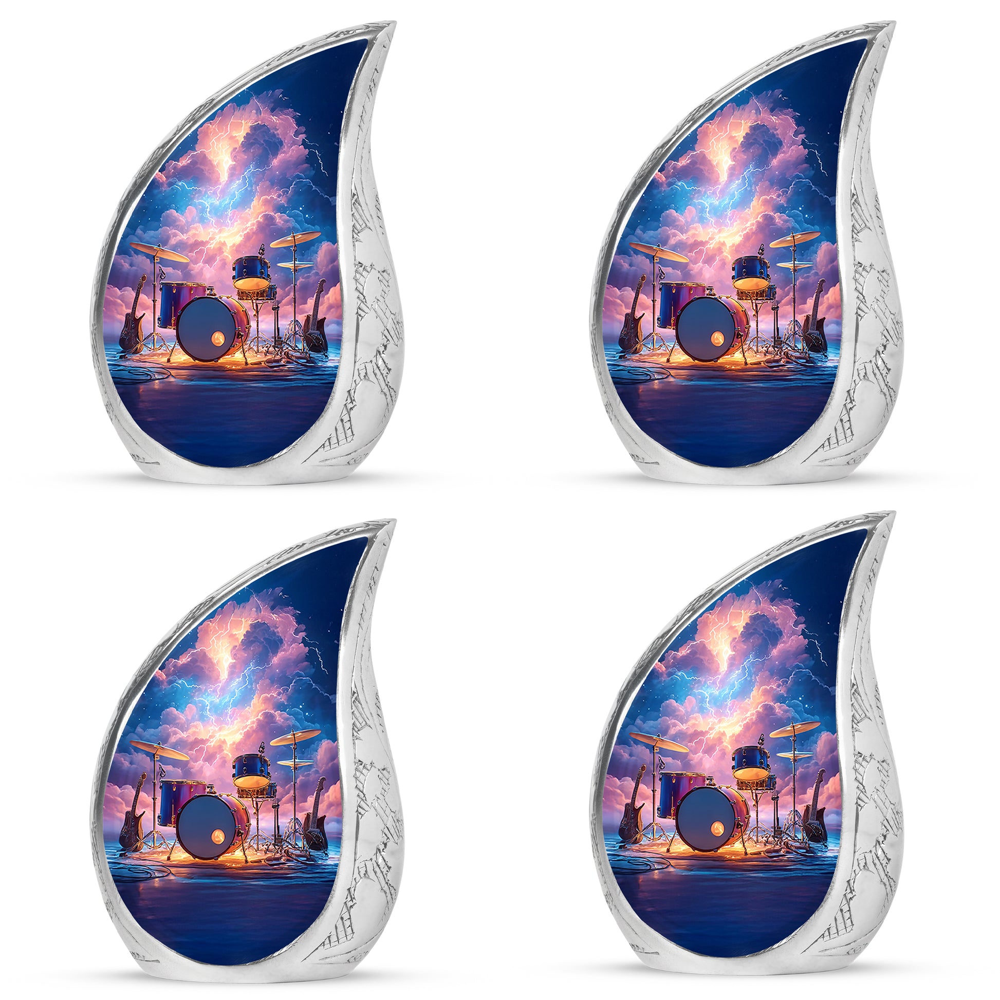 Vivid Blue Drums Cremation Urn close-up of engraving and surface detail - graceful tear-shaped urn with drums motif - 10 inch aluminum urn for cremated remains