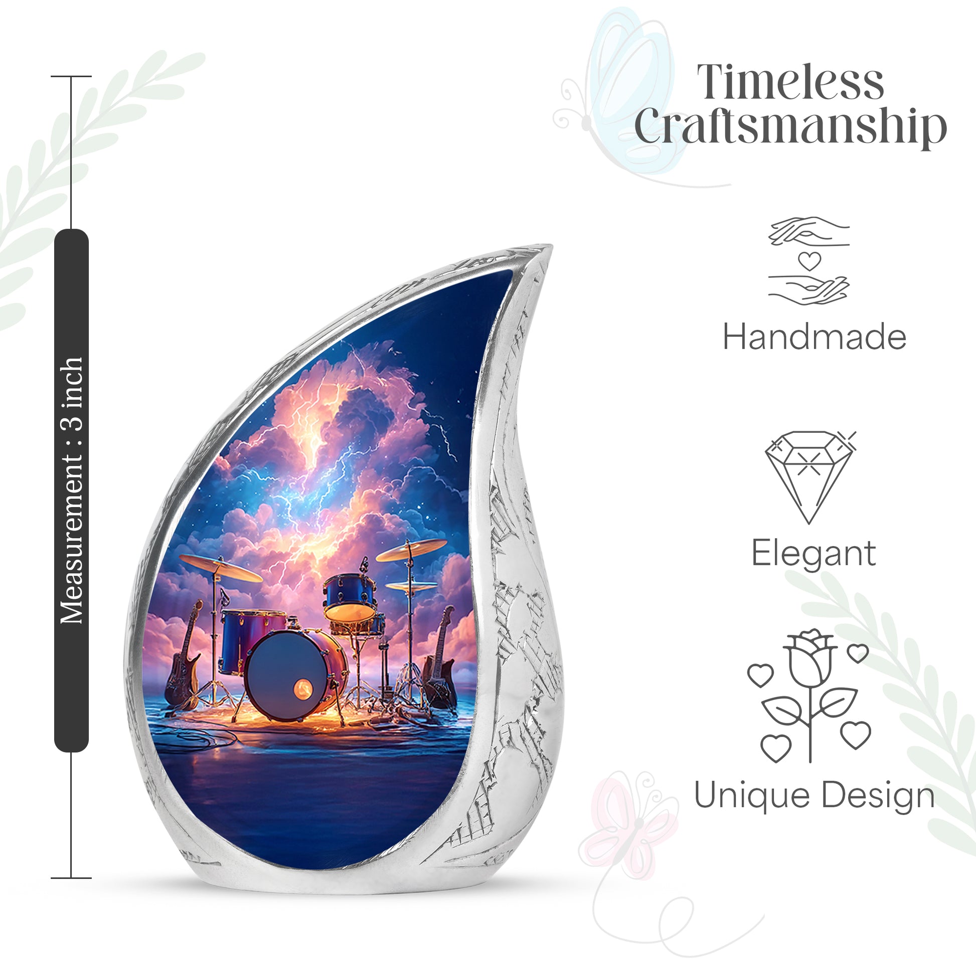 Calming Blue Drums Cremation Urn angled view of lid and engraved motif - graceful tear-shaped urn with drums motif - mini keepsake memorial for portion of cremation ashes