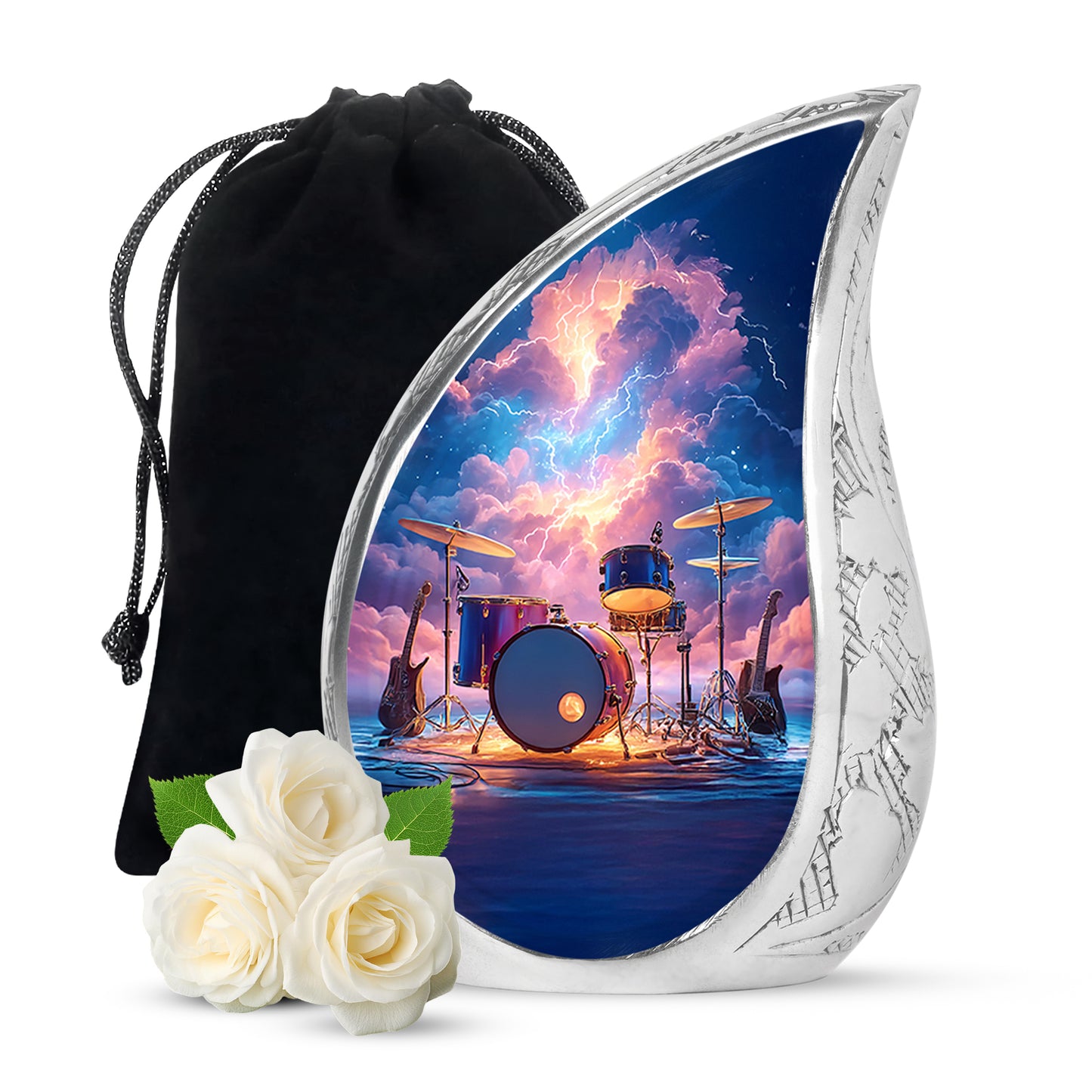 Steel Blue Drums Cremation Urn front view showing detailed design - smooth teardrop contour featuring drums art - full-size 10 inch 200 cubic inch adult cremation urn