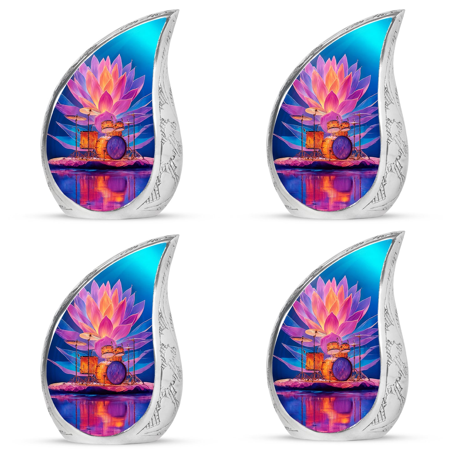 Celestial Blue Drums Cremation Urn close-up of engraving and surface detail - rounded teardrop drums design with delicate detail - 10 inch aluminum urn for cremated remains