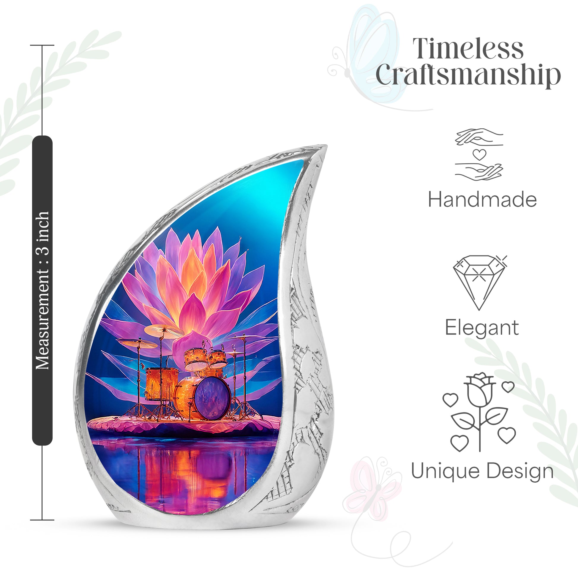 Icy Blue Drums Cremation Urn angled view of lid and engraved motif - flowing teardrop drums silhouette on curved aluminum - mini keepsake memorial for portion of cremation ashes